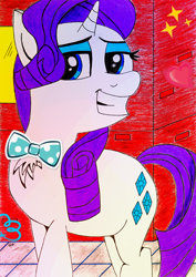 Size: 1356x1920 | Tagged: safe, artist:qnight, rarity, pony, unicorn, bow, fabulous, female, graffiti, looking at you, manehattan, mare, night, smiling, smiling at you, solo, traditional art