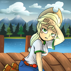 Size: 2500x2500 | Tagged: safe, artist:shimazun, applejack, equestria girls, legend of everfree, clothes, cowboy hat, denim, freckles, hat, lake, scenery, shorts, solo, stetson