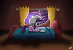 Size: 3969x2769 | Tagged: safe, artist:denial-is-tragic, derpibooru import, twilight sparkle, unicorn twilight, pony, unicorn, bed, book, moon, night, pillow, prone, reading, solo, window