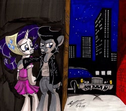 Size: 951x841 | Tagged: safe, artist:newyorkx3, rarity, oc, oc:sketchy, earth pony, pony, unicorn, camping outfit, canon x oc, city, clothes, dress, fangs, female, ghost car, horn, light, lincoln (car), lincoln continental, male, mare, night, stallion, traditional art