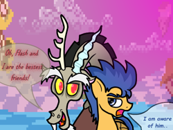 Size: 500x375 | Tagged: safe, artist:flashsentrysartwork, discord, flash sentry, draconequus, pegasus, pony, ask flash sentry, chaos, discorded landscape, duo, male, purple sky, stallion, tumblr