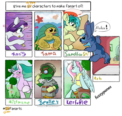 Size: 1482x1412 | Tagged: safe, artist:fuzzypones, kerfuffle, mistmane, rarity, sandbar, earth pony, pegasus, pony, unicorn, rainbow roadtrip, female, glowing horn, horn, love hina tama, magic, male, mare, six fanarts, sly cooper bentley, stallion, stitch, surfboard, telekinesis, tongue out