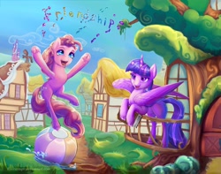 Size: 2000x1572 | Tagged: safe, artist:viwrastupr, derpibooru import, pinkie pie, twilight sparkle, twilight sparkle (alicorn), alicorn, earth pony, pony, beach ball, female, golden oaks library, mare, underhoof