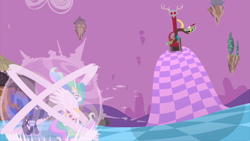 Size: 2100x1181 | Tagged: safe, screencap, discord, princess celestia, princess luna, alicorn, draconequus, pony, princess twilight sparkle (episode), chaos, discord's throne, discorded landscape, ethereal mane, female, flashback, floating island, hut, laughing, magic, male, mare, open mouth, purple sky, royal sisters, throne, tree