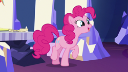 Size: 1280x720 | Tagged: safe, screencap, pinkie pie, earth pony, pony, not asking for trouble, cute, diapinkes, female, happy, mare, open mouth, raised hoof, raised leg, smiling, solo, twilight's castle