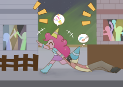 Size: 1512x1075 | Tagged: safe, artist:howxu, pinkie pie, oc, oc:generic messy hair anime anon, equestria girls, building, clothes, commission, eyes closed, fence, hat, pants, party, party hat, skirt, sleeping