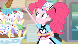 Size: 1024x576 | Tagged: safe, screencap, pinkie pie, coinky-dink world, eqg summertime shorts, equestria girls, food, server pinkie pie, solo, sundae