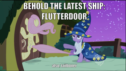 Size: 1920x1080 | Tagged: safe, derpibooru import, edit, edited screencap, screencap, fluttershy, twilight sparkle, pegasus, pony, luna eclipsed, cargo ship, flutterdoor, hub logo, image macro, joke shipping, meme, ouch, ponified, shipper, shipping, slam, tail, tailboner