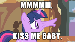 Size: 610x343 | Tagged: safe, derpibooru import, screencap, twilight sparkle, party of one, faic, horse face, image macro, kissy face, meme