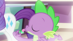 Size: 1920x1080 | Tagged: safe, screencap, rarity, spike, dragon, pony, unicorn, dragon dropped, eyes closed, gem, male, winged spike