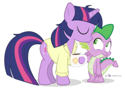 Size: 900x660 | Tagged: safe, artist:dm29, derpibooru import, spike, twilight sparkle, unicorn twilight, dragon, pony, unicorn, clothes, coffee, coffee mug, duo, forehead kiss, kissing, mama twilight, morning ponies, pajamas, simple background, smooch, transparent background