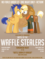 Size: 800x1060 | Tagged: safe, artist:dm29, flash sentry, trenderhoof, simple ways, boop, duo, eye contact, frown, glare, glasses, meme, noseboop, poster, pun, waffle, waifu thief, wide eyes, worried