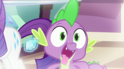 Size: 1920x1080 | Tagged: safe, screencap, rarity, spike, dragon, pony, unicorn, dragon dropped, cute, faic, gem, male, solo focus, spikabetes, tongue out, winged spike