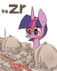 Size: 800x1000 | Tagged: safe, artist:joycall6, derpibooru import, part of a set, twilight sparkle, series:joycall6's periodic table, blushing, chemistry, chibi, glasses, nuclear power plant, periodic table, power plant, science, solo, when you see it, zirconium