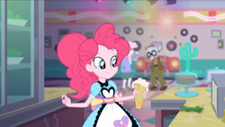 Size: 1024x576 | Tagged: safe, screencap, mr. waddle, pearly stitch, pinkie pie, coinky-dink world, eqg summertime shorts, equestria girls, milkshake, server pinkie pie, solo focus