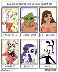 Size: 1110x1376 | Tagged: safe, artist:fleuriice, rarity, anthro, human, pony, unicorn, anthro with ponies, baby yoda, charlie, clothes, crossover, eyelashes, female, hazbin hotel, mare, minerva mink, six fanarts, smiling, star wars, the mandalorian, warner brothers, yakko warner