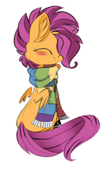 Size: 522x838 | Tagged: dead source, safe, artist:xenon, scootaloo, blushing, clothes, cute, cutealoo, ear fluff, eyes closed, hair over one eye, scarf, simple background, sitting, smiling, solo, white background