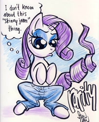 Size: 2540x3131 | Tagged: safe, artist:sketchywolf-13, rarity, pony, unicorn, clothes, commission, female, horn, jeans, mare, pants, solo, speech bubble, tail, text, traditional art