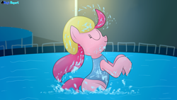 Size: 2560x1440 | Tagged: safe, artist:rupertbluefox, pinkie pie, earth pony, pony, series:30 dayz of pinks, clothes, eyes closed, female, mare, missing cutie mark, one-piece swimsuit, smiling, solo, swimming pool, swimsuit, water