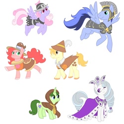 Size: 894x894 | Tagged: safe, artist:retaya, chancellor puddinghead, clover the clever, commander hurricane, princess platinum, private pansy, smart cookie, earth pony, pegasus, pony, unicorn, hearth's warming eve (episode), armor, cape, clothes, crown, female, founders of equestria, hat, hearth's warming eve, helmet, hood, interpretation, jewelry, male, mare, regalia, simple background, stallion, white background