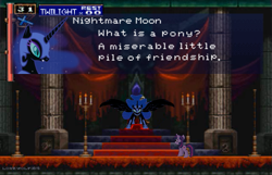 Size: 639x412 | Tagged: safe, derpibooru import, nightmare moon, twilight sparkle, 8-bit, carpet, castle, castlevania, castlevania: symphony of the night, image macro, meme, ponyvania, red carpet, retro, text, throne, throne room, video game, what is a man