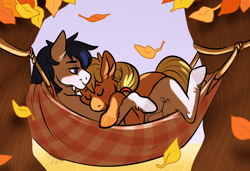 Size: 1460x1000 | Tagged: safe, artist:cartoonlion, applejack, oc, oc:constance everheart, earth pony, pony, autumn, canon x oc, cuddling, everjack, hammock, male, shipping, sleeping, smiling, snuggling, straight