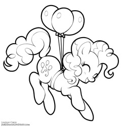 Size: 778x800 | Tagged: safe, artist:lindsay cibos, pinkie pie, pony, balloon, eyes closed, floating, happy, monochrome, solo, then watch her balloons lift her up to the sky