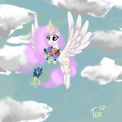 Size: 1181x1181 | Tagged: safe, artist:theo-0, princess celestia, alicorn, pony, bouquet, cloud, ethereal mane, female, flower, flying, glowing horn, grin, magic, mare, pink-mane celestia, smiling, solo, spread wings, telekinesis, wings, younger