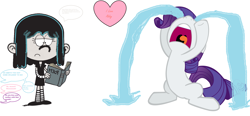 Size: 5392x2496 | Tagged: safe, rarity, human, pony, unicorn, 1000 hours in ms paint, book, crying, heart, holding, i love lucy, implied abby cadabby, implied blögg, implied gonnigan, lucy loud, lucy's eyes, ocular gushers, poem, reading, reference, reference used, sailor mouth, the loud house, volumetric mouth