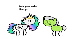 Size: 899x483 | Tagged: safe, artist:round trip, granny smith, princess celestia, alicorn, earth pony, pony, in a nutshell, caption, comic sans, crown, ethereal mane, female, i'm a year older than you, image macro, intentional spelling error, jewelry, mare, meme, regalia, simple background, stick pony, stylistic suck, text, white background