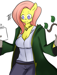 Size: 1275x1650 | Tagged: safe, artist:inuyuru, fluttershy, anthro, book, breasts, cleavage, clothes, colored, druid, dungeons and dragons, female, flutterdruid, gloves, reading, simple background, smiling, solo, white background