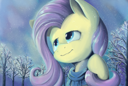 Size: 2039x1378 | Tagged: safe, artist:pexpy, fluttershy, pegasus, pony, bust, clothes, female, looking away, looking up, mare, portrait, scarf, smiling, snow, snowfall, solo, tree, winter, wintershy