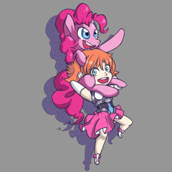 Size: 1024x1024 | Tagged: safe, artist:xmemorized, pinkie pie, earth pony, human, pony, clothes, crossover, cute, duo, female, looking at you, mare, nora valkyrie, open mouth, rwby, skirt