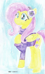 Size: 530x868 | Tagged: safe, artist:astevenamedwolf, fluttershy, pegasus, pony, :i, bottomless, clothes, earmuffs, female, folded wings, hoof on chest, mare, partial nudity, raised hoof, scrunchy face, snow, snowfall, solo, standing, sweater, sweatershy, traditional art, winter, winter outfit, wintershy