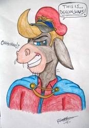 Size: 558x800 | Tagged: safe, artist:megaman007, cranky doodle donkey, donkey, m. bison, parody, richard newman, simple background, street fighter, this is delicious, traditional art, voice actor joke, white background