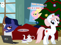 Size: 1024x768 | Tagged: safe, artist:bronybyexception, fluttershy, nurse redheart, oc, oc:cobalt quill, pegasus, pony, advent calendar, bed, christmas, christmas tree, cold, computer, hang in there, hanging, holiday, laptop computer, malpractice, mucous, mucus, ponyville hospital, poster, pun, sick, snot, tree