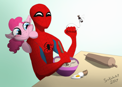 Size: 1949x1397 | Tagged: safe, artist:sukalaap, pinkie pie, earth pony, pony, baking, fanart mashup challenge, signature, spider-man