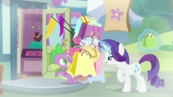 Size: 1920x1080 | Tagged: safe, screencap, rarity, spike, dragon, pony, unicorn, dragon dropped, bag, winged spike