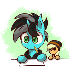 Size: 2000x2000 | Tagged: safe, artist:malphee, applejack, oc, earth pony, pony, unicorn, mouth hold, paper, pencil, plushie