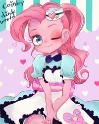 Size: 1024x1280 | Tagged: safe, artist:naginiko, pinkie pie, coinky-dink world, eqg summertime shorts, equestria girls, apron, clothes, cutie mark on clothes, diner uniform, dress, female, heart, looking at you, one eye closed, pixiv, server pinkie pie, smiling, solo, wink