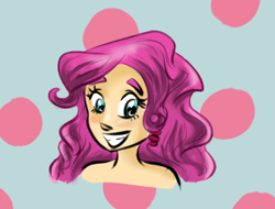 Size: 309x235 | Tagged: safe, artist:xxcamelia, pinkie pie, human, bust, humanized, implied nudity, portrait, smiling, solo