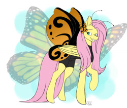 Size: 1399x1194 | Tagged: safe, artist:ggchristian, fluttershy, pegasus, pony, animal costume, butterfly costume, clothes, costume, female, flutterfly, folded wings, lidded eyes, mare, monarch butterfly, monarch butterfly costume, solo