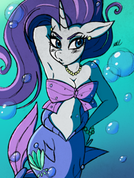 Size: 1024x1359 | Tagged: safe, artist:katkathasahathat, color edit, edit, rarity, anthro, mermaid, merpony, scare master, arm behind back, armpits, belly button, breasts, bubble, cleavage, clothes, colored, costume, ear piercing, earring, hand on hip, jewelry, mermarity, midriff, piercing, shell bra, sketch, solo, traditional art, underwater