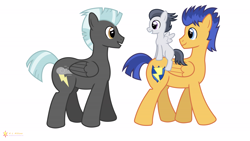 Size: 19200x10800 | Tagged: safe, artist:flashlighthouse, flash sentry, rumble, thunderlane, pegasus, pony, absurd resolution, colt, cute, male, riding, simple background, stallion, vector, white background