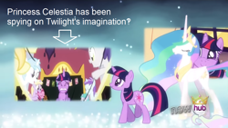 Size: 1278x720 | Tagged: safe, edit, edited screencap, screencap, princess celestia, twilight sparkle, unicorn twilight, alicorn, pony, unicorn, magical mystery cure, celestia's ballad, female, hub logo, mare, princess celestia's special princess making dimension