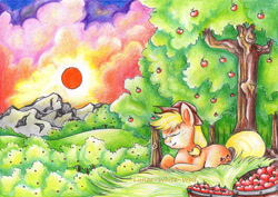 Size: 3469x2454 | Tagged: safe, artist:lunar-white-wolf, applejack, earth pony, pony, apple, apple tree, basket, cloud, cowboy hat, eyes closed, field, freckles, fruit, hat, mountain, scenery, sky, sleeping, smiling, solo, stetson, sunset, traditional art, tree, updated