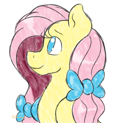 Size: 1024x1024 | Tagged: safe, artist:yanie-the-brown-pone, fluttershy, pegasus, pony, alternate hairstyle, bow, colored sketch, female, hair bow, mare, pretty, simple background, smiling, solo