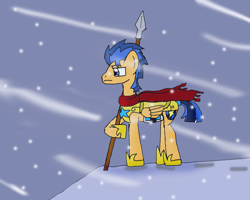 Size: 1179x943 | Tagged: safe, artist:jrapcdaikari, flash sentry, clothes, royal guard, scarf, snow, snowfall, solo, winter