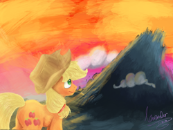 Size: 2048x1536 | Tagged: safe, artist:lav-cavalerie, applejack, earth pony, pony, mountain, painting, signature, solo, sunset