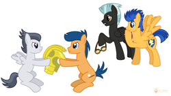 Size: 9600x5400 | Tagged: safe, artist:flashlighthouse, first base, flash sentry, rumble, thunderlane, earth pony, pegasus, pony, absurd resolution, adorabase, argument, brothers, colt, cute, diasentres, gay, goggles, helmet, male, rumblebase, rumblebetes, simple background, stallion, thunderbetes, thundersentry, tug of war, vector, white background